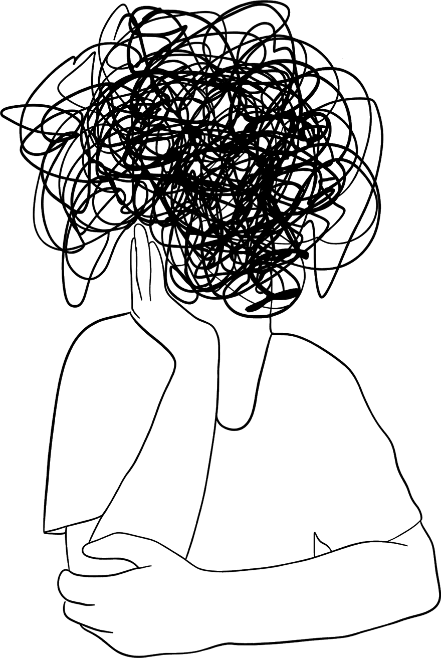 Line drawing of a person resting their head on one hand, their hair a dense tangle of scribbles